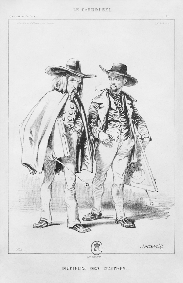 Figure 4.32 A lithograph depicting three figures before a painting: a female artist, seated, holding her tools in her left hand, and two well-dressed men standing behind her, observing the canvas. Appears in grayscale.