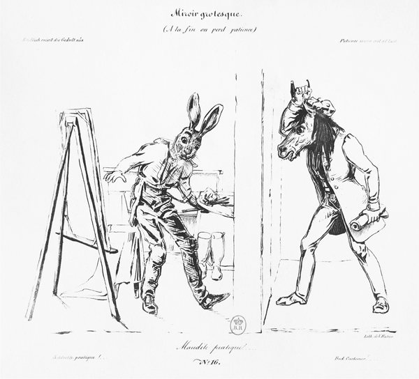 Figure 3.22 A lithograph depicting an artist with the head of a rabbit, left, leaning toward his door; outside of the apartment stands another man with the head of a donkey, right, banging on the doorframe. Appears in grayscale.