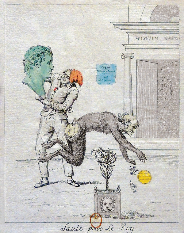 Figure 3.4 A hand-colored etching depicting an older man, with the body of a monkey, in mid-jump over a potted plant outside a museum. Behind him the barber from Figure 3.3, a pair of scissors protruding from his left vest pocket, stands holding a large Grecian bust.