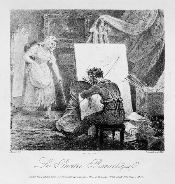 Figure 3.8 A lithograph depicting a young painter on a stool before a large canvas in a well-furnished but cluttered room; balancing a palette on his left forearm and holding a paintbrush in his right hand, he does not notice a woman standing behind the canvas. Appears in grayscale.