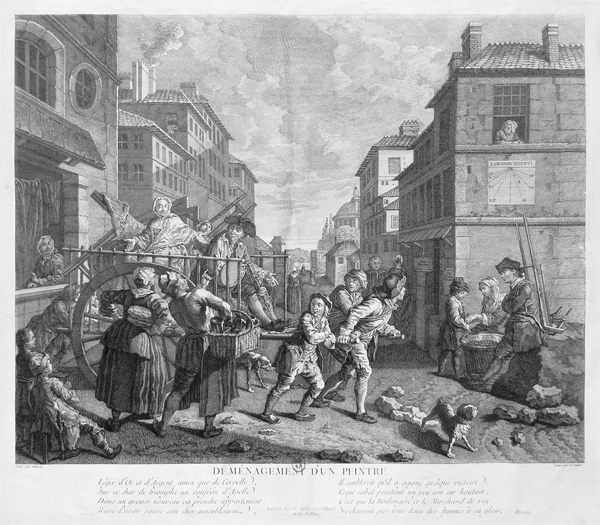 Figure 1.14 An etching depicting a well-dressed couple moving out of their apartment. The two sit in a two-wheeled cart, surrounded by painterly tools, that is pulled forward by three young boys while neighbors observe from the street and nearby windows. Appears in grayscale.