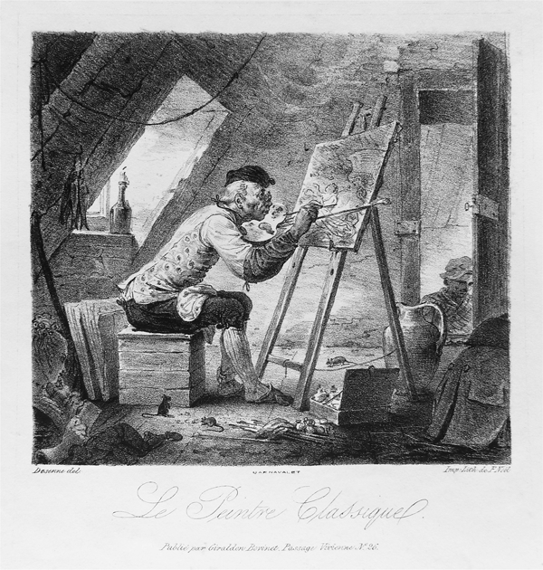 Figure 3.7 A lithograph depicting an artist sitting atop a crate in a cluttered attic studio; he leans forward, his face near the canvas, holding a paintbrush in his right hand and palette in the other. Appears in grayscale.