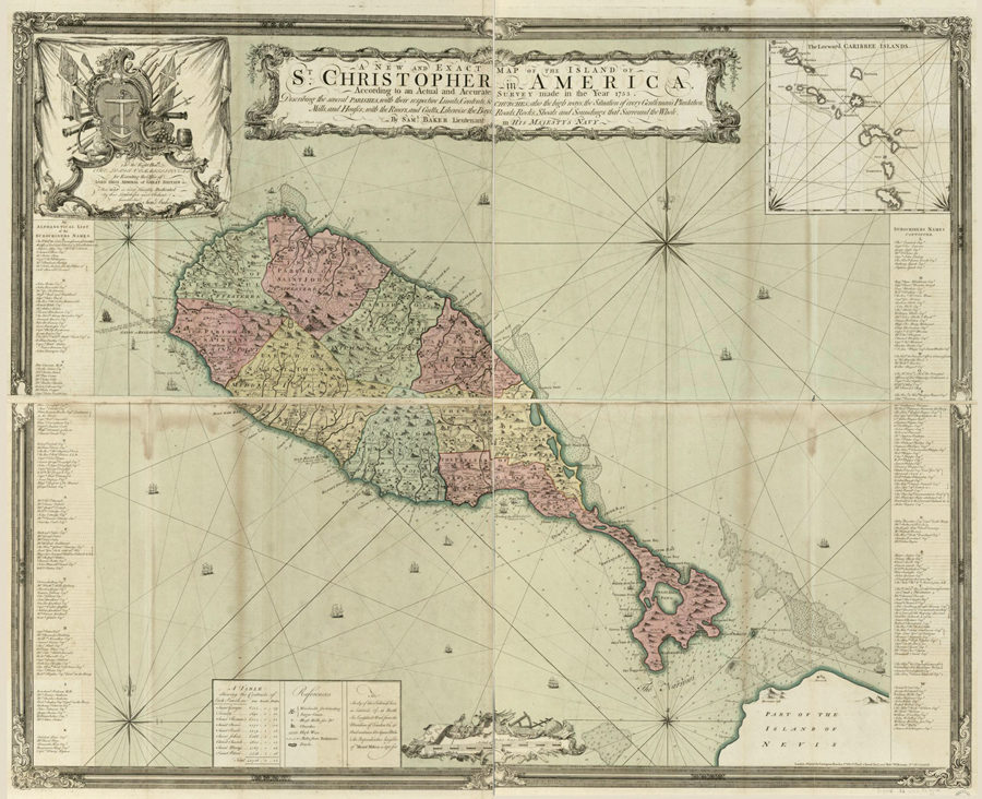 Figure 6.2 A lightly colored map depicting the island of St. Christopher in America, including all parish demarcations along with relevant infrastructure and topographical features identified; no other land mass is visible in relation to the island.