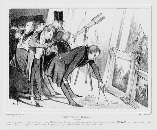 Figure 4.9 A lithograph depicting several jurors standing before a large canvas; their eyes are all covered by various garments obscuring their vision, and numerous guide dogs sit at their feet. Appears in grayscale.