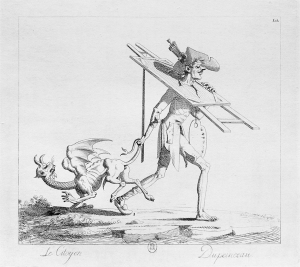 Figure 2.4 An etching depicting a malnourished painter walking across empty landscape, a punctured canvas balanced around his neck, as if pulled over his head; with his right hand he drags a harpy by its tail. Appears in grayscale.