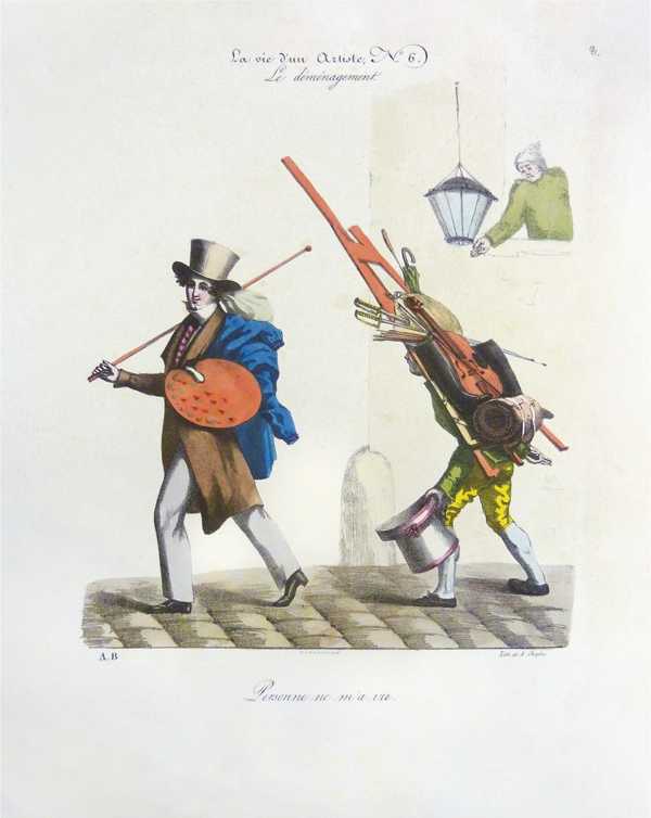 Figure 3.21 A lithograph depicting a well-dressed artist, carrying his mahlstick and palette, walking in the street; behind him follows a man carrying the artist’s remaining belongings, including a large easel and violin, on his back. Appears in grayscale.