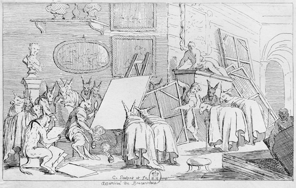 Figure 1.17 An etching depicting anthropomorphized donkeys gathered around several blank canvases in a large gallery space; paintings and statues adorn the walls, and other canvases stand propped against the wall. Appears in grayscale.