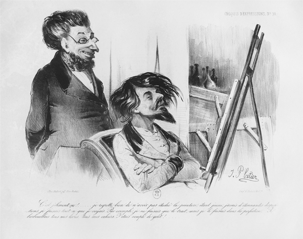 Figure 4.17 A lithograph depicting an eccentric artist, his right hand on his hip and painterly tools in the other, posing before a canvas in a lavish studio; to his right stands a baker in loose work clothes, loaves of bread tucked under his right arm. Appears in grayscale.