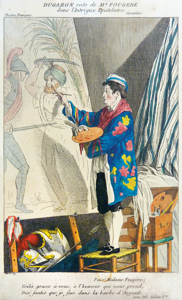 Figure 2.3 An etching depicting an artist, standing atop a chair while working on a very tall canvas in a cramped studio. He wears a patterned smock over his work clothes, holding a paintbrush in his right hand and a palette and mahlstick in the other. Appears in grayscale.