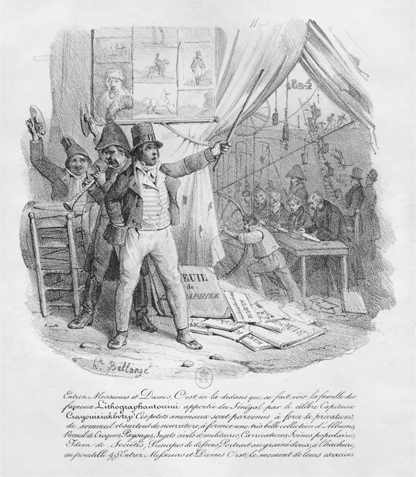 Figure 3.15 A lithograph depicting three men busking in the street: the first, left, holds two cymbals and carries a marching bass drum; the second plays a trumpet; and the third, right, holding a baton in his left hand, gestures to a tableau of mechanized artists. Appears in grayscale.