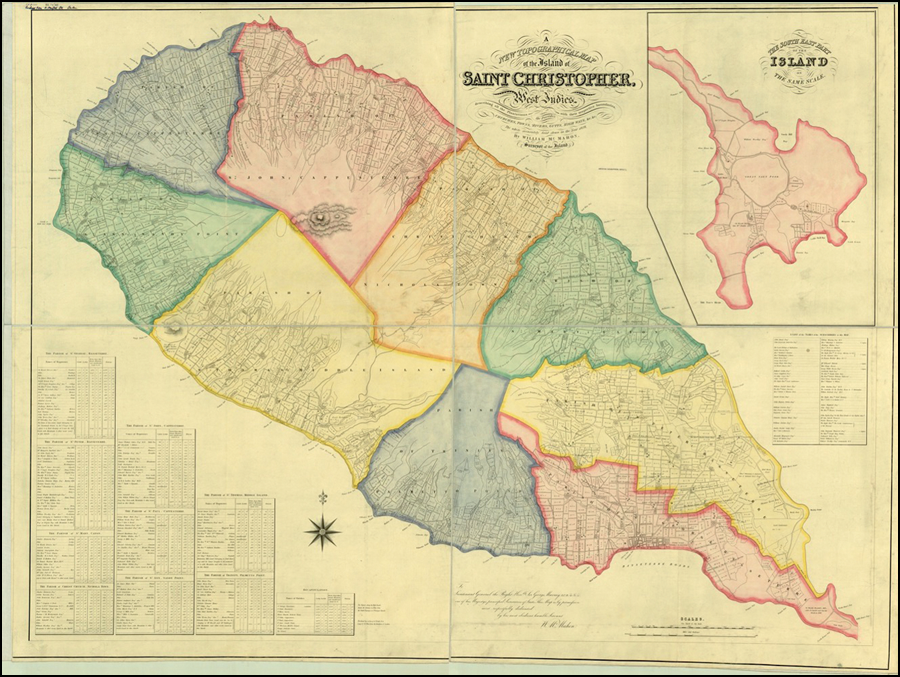 Figure 6.4 A brightly colored map depicting the island of St. Christopher in America, including parish demarcations and topographic features illustrated; no other land mass is visible in relation to the island.