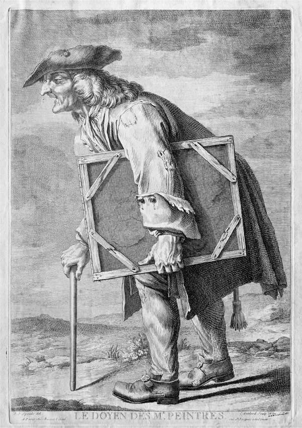 An etching depicting an elderly Bolureau; the old man, in tattered clothing, carries a weathered canvas under his left arm and a walking stick in the other hand, while walking across a barren landscape. Appears in grayscale.