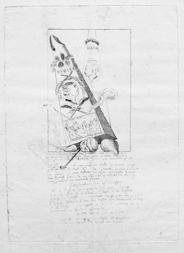 Figure 1.19 An etching depicting a tilting left, behind which is visible its reproduced outline, balanced atop the disembodied head of a man with a long tobacco pipe in his mouth. Appears in grayscale.