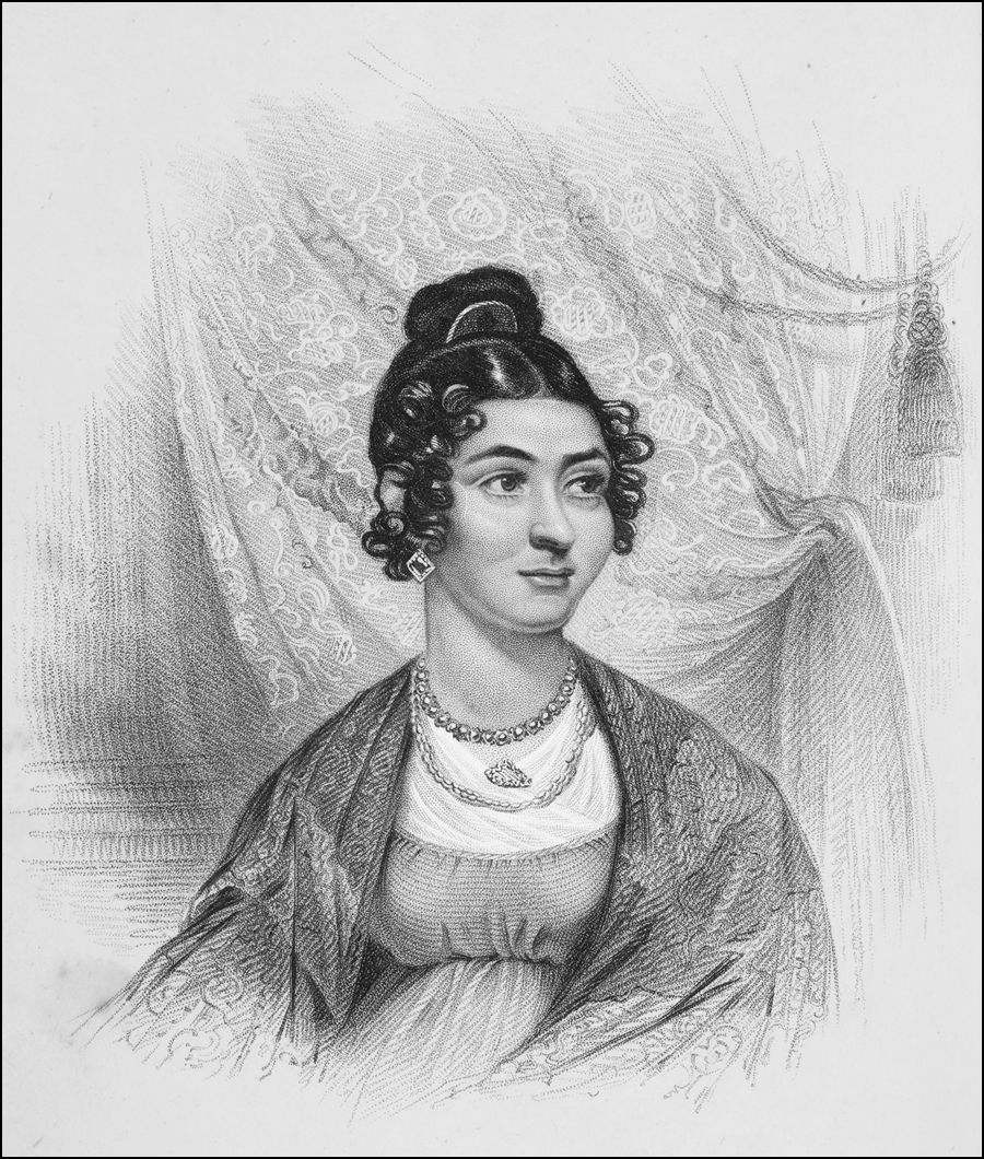 Figure 3.3 A greyscale stipple engraving depicting Delarom seated at half-length, her head turned slightly right; sitting before an ornate curtain with tassels, she wears an embroidered shawl draped over her shoulders and her hair pulled back.
