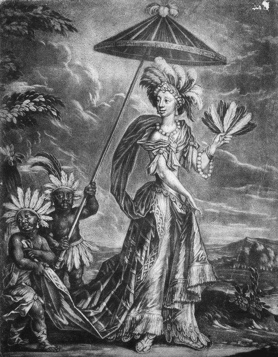 Figure 1.1 A mezzotint print depicting Semernia, the Native American queen; she stands before the lush savannah of Virgina, wearing a feathered headdress and a long fridged dress, while two young Black boys attend to her, one holding a parasol and the other holding her dress train.