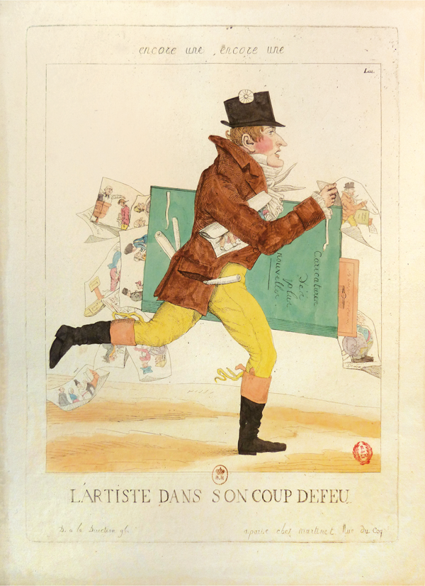 Figure 2.8 An etching depicting an illustrator running, his folio of illustrations—caricatures—tucked under his left arm and a single folded paper under the other, with several rolled pages protruding from his coat pocket; papers spill out of the folio. Appears in grayscale.