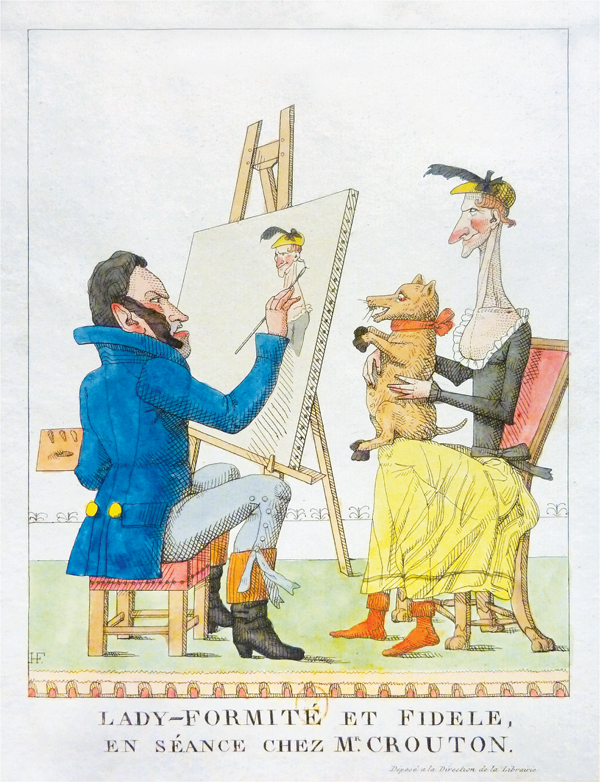 Figure 3.23 A etching depicting a well-dressed and bearded artist seated on a small stool, holding a paintbrush in his right hand and palette in the other, as he paints the models before him: an older woman and her homely lapdog. Appears in grayscale.