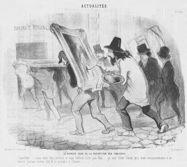 Figure 4.26 A lithograph depicting a well-dressed young artist, holding his mahlstick and storage case in his right hand and a canvas under the other, standing before a weathered shoeshiner in the street with his left foot atop the man’s stand. Appears in grayscale.