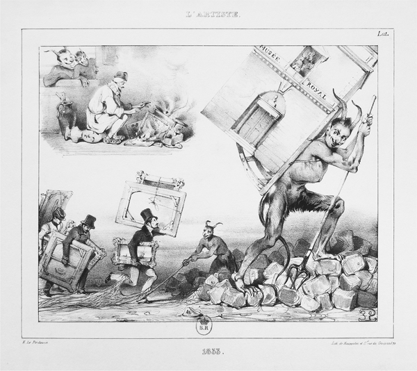 Figure 4.7 A lithograph depicting several artists, carrying numerous canvases and framed artworks, in pursuit of a lanky, towering devil, holding his trident as a walking stick, carrying the Royal Museum on his back; a smaller creature stands behind the devil, trying to ensnare the artists. Appears in grayscale.