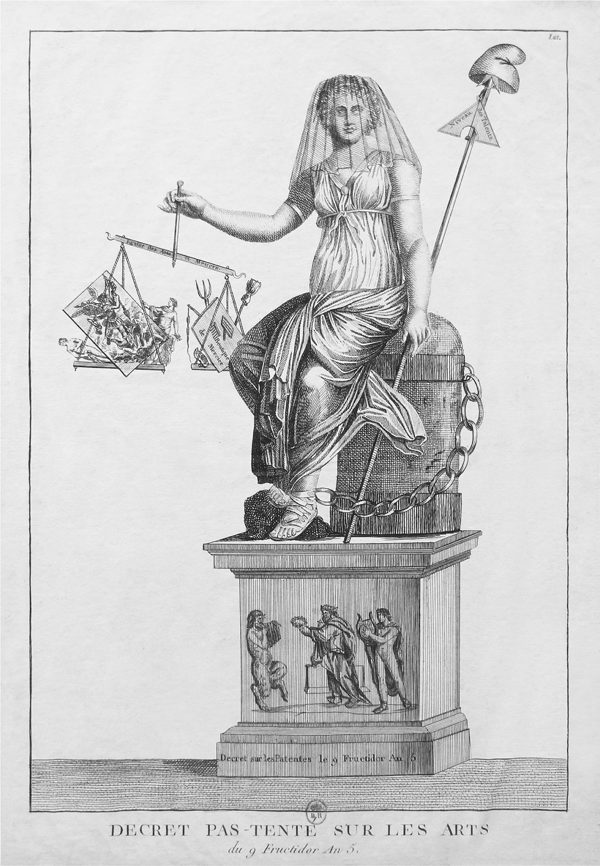 Figure 2.1 An etching depicting a veiled woman chained to a darkened rock atop a pedestal engraved with three mythical figures. In her hands she holds broken measuring devices (substantive details of what she holds are included in the main text). Appears in grayscale.