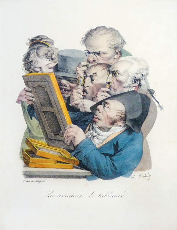 Figure 3.14 A lithograph depicting several figures—one woman and five men—crowded around a small canvas held up by one of the spectators; the men, their faces variably depicting their contemplation, inspect the piece closely. Appears in grayscale.