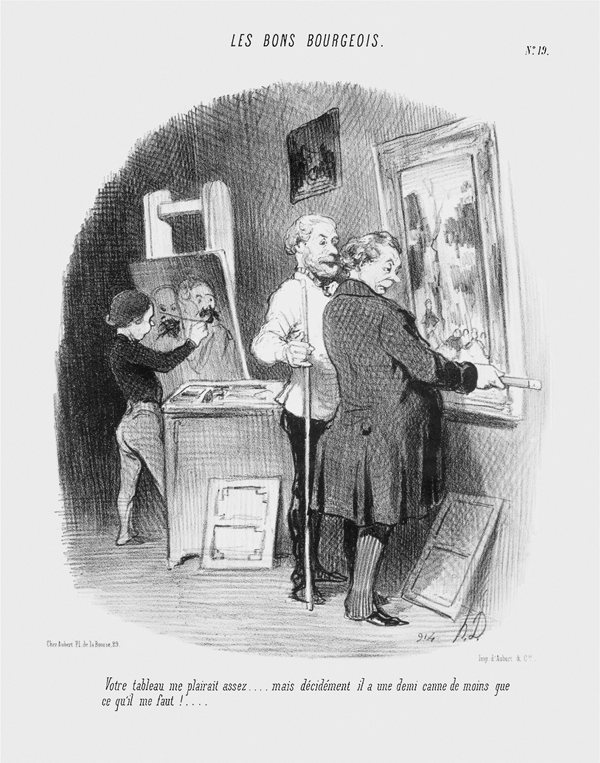 Figure 4.19 A lithograph depicting two men before an easel: the first, an older bespectacled gentleman, his brow furrowed and arms behind his back, stands behind the second, a younger, iconoclast artist seated before the canvas, arms folded over his chest. Appears in grayscale.
