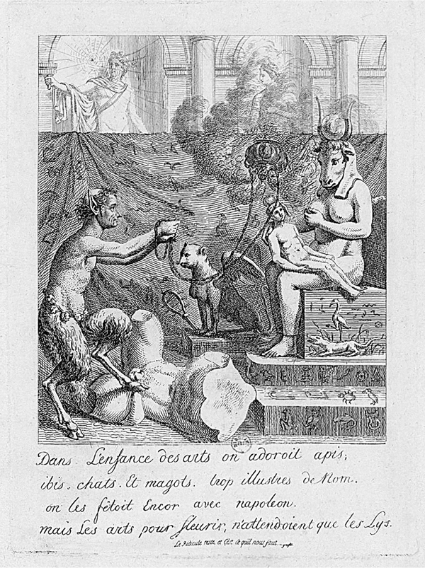 Figure 3.2 An etching depicting a satyr, his left hoof on a statue and arms raised in offer before a sculpture of a horse-headed goddess nursing a naked figure; the effigy sits atop an engraved pedestal. Appears in grayscale.