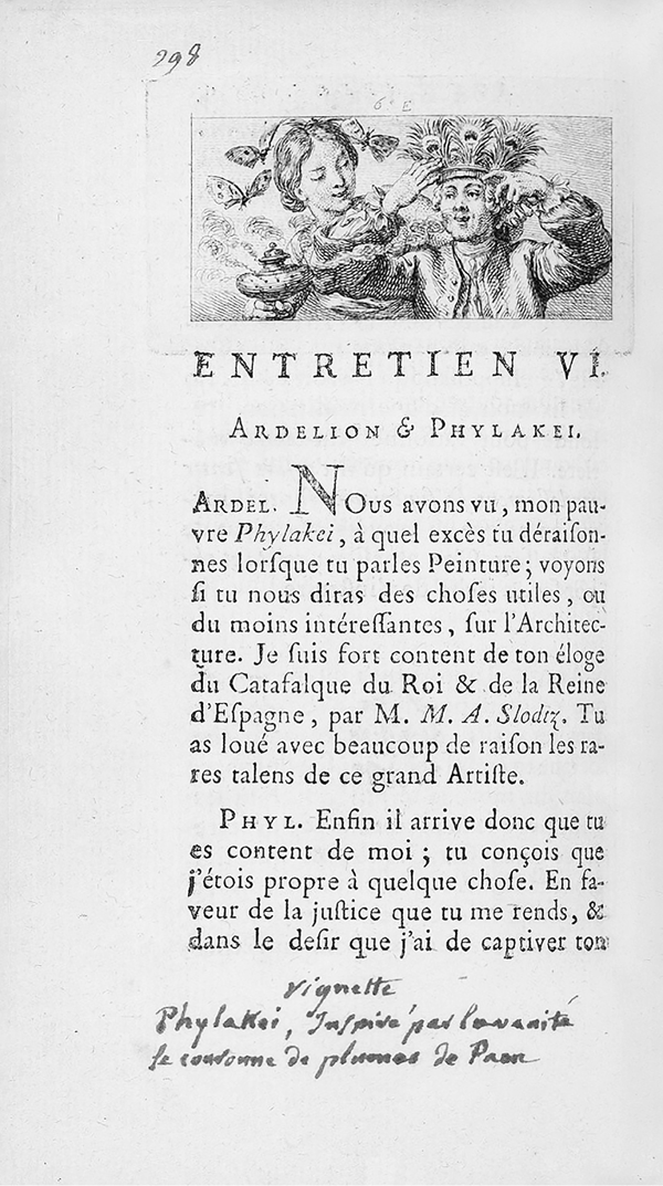 Figure 1.12 An etching depicting an already well-dressed man donning a crown made of peacock features; a woman stands behind him, holding a small jar, while insects fly around their heads. Appears in grayscale.