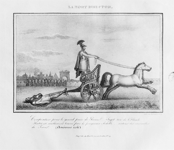 Figure 3.9 A lithograph depicting a figure in Grecian battle dress standing in a chariot that is being pulled by two parallel horses; the body of a man lying face-up is tied by its feet to the back of the chariot. Appears in grayscale.