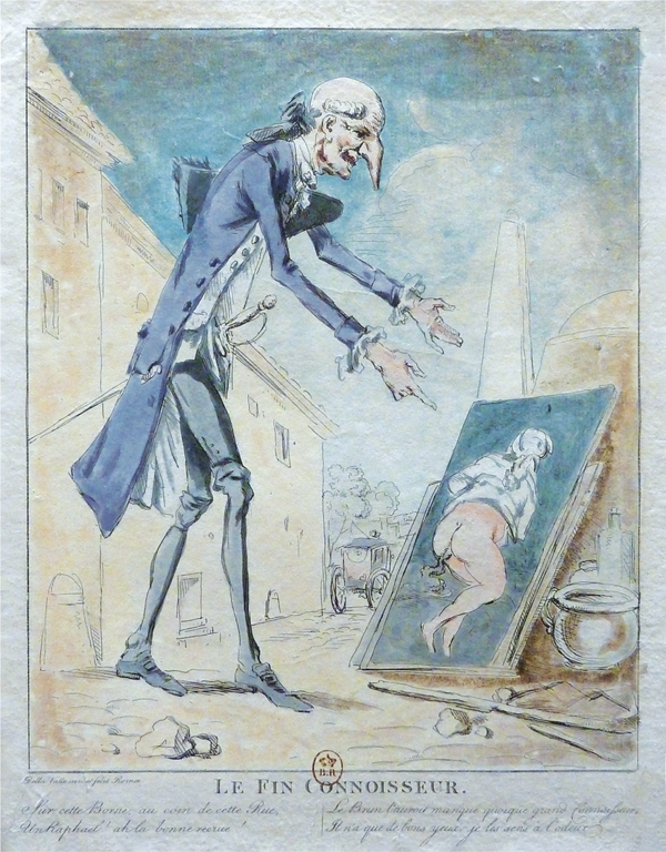 Figure 1.18 A colored etching of very thin, well-dressed elderly man stands over a painting of a half-naked woman in the street, pointing down with his right index finger at the canvas.
