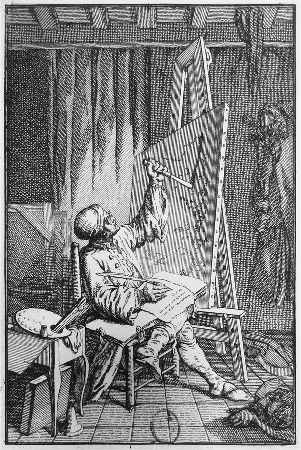 An etching depicting an older painter, seated at an easel in a cluttered room; facing the wooden frame, he holds a palette knife to a smudged canvas with his left hand and a feathered quill poised above papers in his lap with the other. Appears in grayscale.