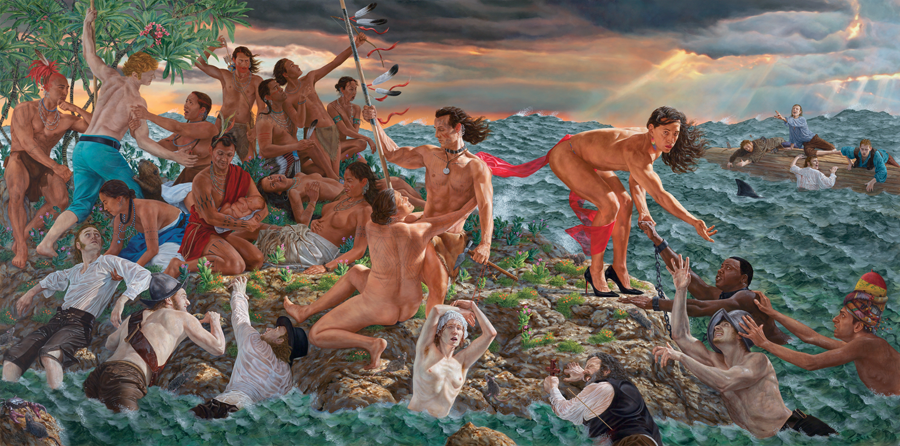 Figure 0.1 An acrylic painting depicting the arrival of European colonizers, with institutions of slavery and religion, to North America, clawing from a tumultuous sea onto land inhabited by Indigenous peoples. The artist’s alter ego, Miss Chief Eagle Testickle, stares directly forward while reaching their right arm down to help a shackled Black man from the sea.