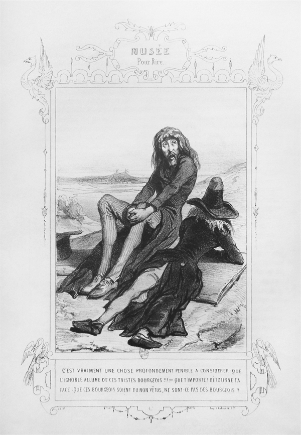 Figure 4.28 A lithograph depicting an artist, a paintbrush in his right hand and palette in the other, finishing his painting as he walks behind a mover carrying the painting on his back through the street. Appears in grayscale.