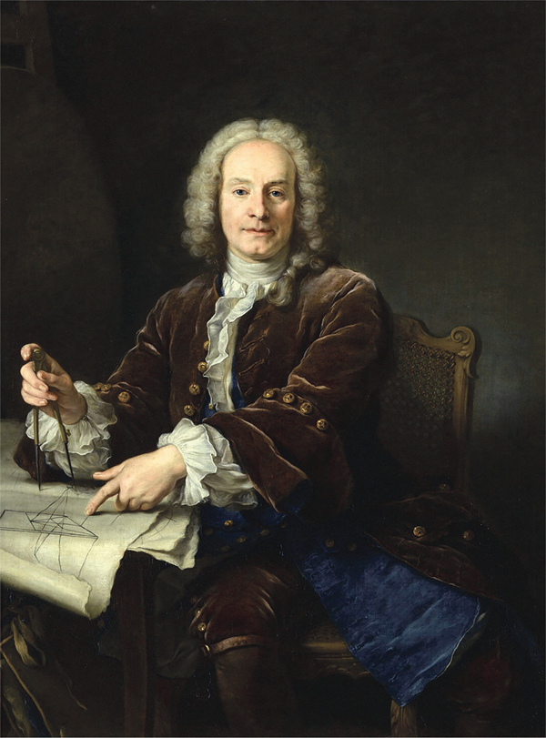 An oil painting depicting Le Clerc, in Rococo waistcoat and breeches, sitting at a cluttered table. Staring forward, he holds a drafting compass in his right hand while pointing to a geometric drawing atop the table with the other. Appears in grayscale.
