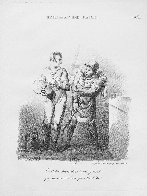 Figure 3.28 A lithograph depicting a young artist wearing coveralls, holding a paintbrush in his left hand and palette in the other, in the street; a derelict beggar looks at him out of his left eye, gesturing with his left hand. Appears in grayscale.