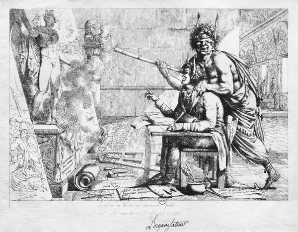 Figure 2.15 An etching depicting a donkey-eared man before a large piece of art in a museum. He holds a quill in his left hand and points sideways with the other, while a blindfolded and donkey-eared spirt stands behind him, holding a telescope to his eye. Appears in grayscale.