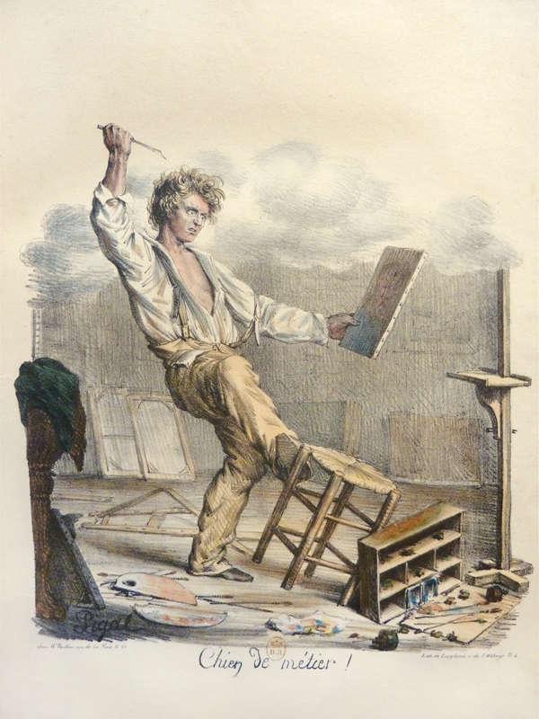 A lithograph depicting a disheveled artist in a messy studio, shirt unbuttoned and hair untidy; he raises a painting knife in his right hand above a canvas in his left, while kicking a stool. Appears in grayscale.