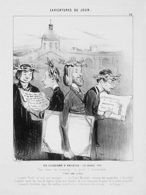 Figure 4.27 A lithograph depicting an iconoclast painter on a scaffold outside a shop: holding a brush in his left hand and palette in the other, he works on painting the lettering of the shop sign; at his feet is a wine bottle and empty glass. Appears in grayscale.