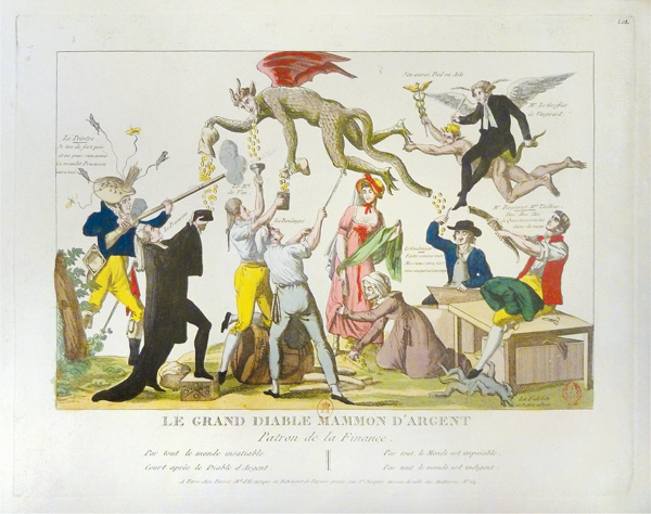 Figure 2.5 An etching depicting individuals standing below a floating devil floating; coins fall from the devil’s body, while the figures attempt to collect the raining money and capture the devil. Appears in grayscale.