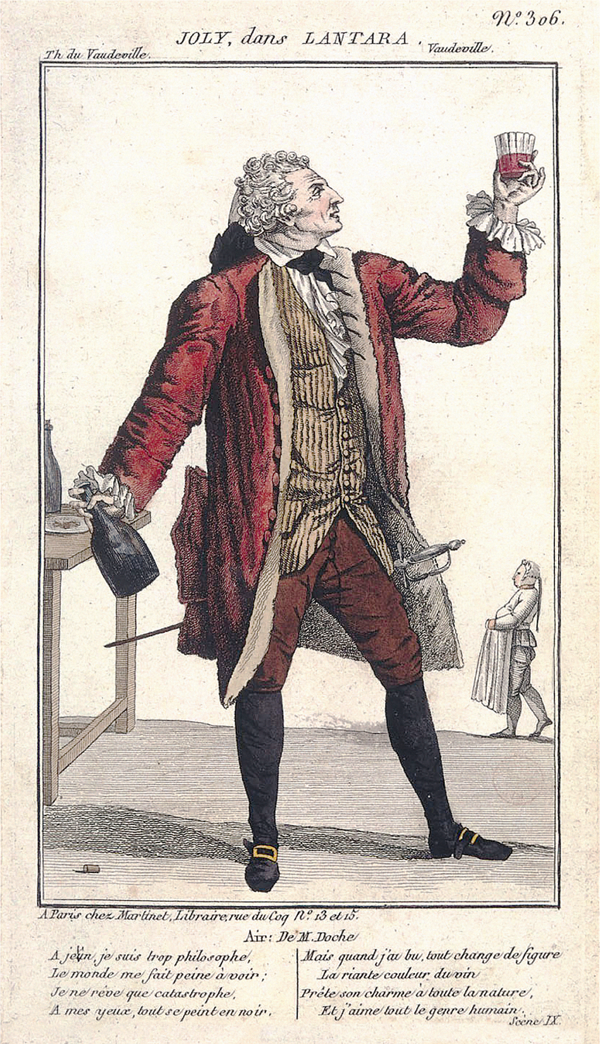 Figure 3.30 An etching depicting a well-dressed man standing next to a table; holding a wine bottle at his side with his right hand, his head is turned to look at a half-empty glass raised to eye level with the other. Appears in grayscale.