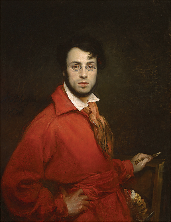 An oil painting depicting an artist in work-clothes, holding a pencil in his left hand. He stands with his right hand on his hip, staring forward through rounded eyeglasses. Appears in grayscale.