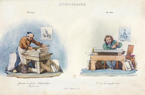 Figure 4.21 A lithograph depicting two men standing before a mounted artwork in a studio: one measures the painting vertically while the other stands to his left, holding a second ruler in his right hand; in the background, an artist stands before an easel and canvas. Appears in grayscale.