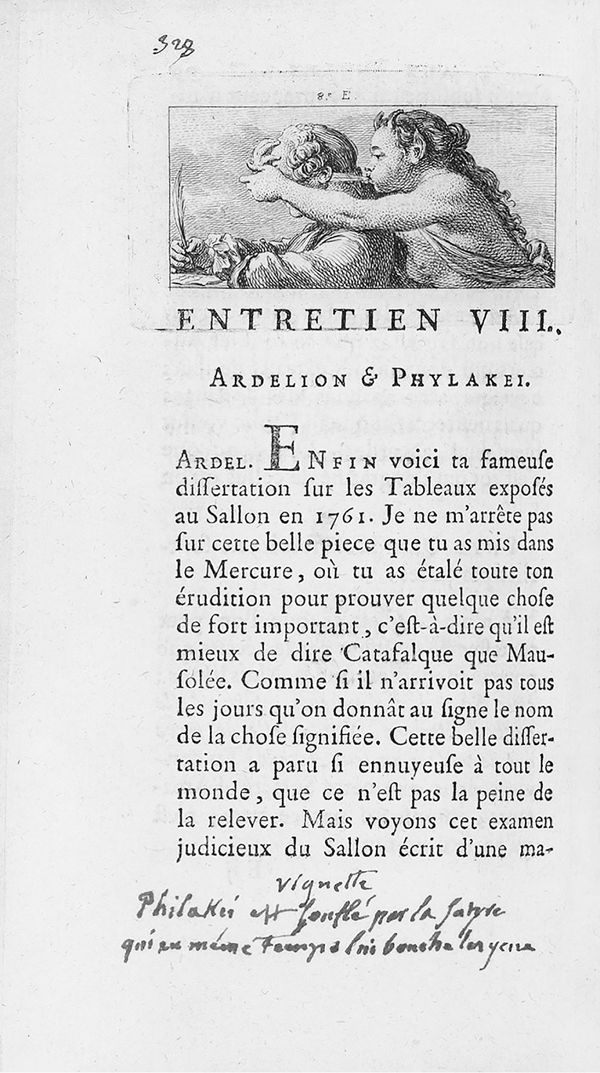 Figure 1.13 An etching depicting a well-dressed young man writing at his desk; an evil apparition with pointed ears stands behind him, covering the man’s eyes while blowing into his ear. Appears in grayscale.
