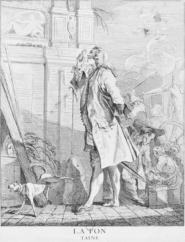 Figure 1.9 An etching depicting a well-dressed man in the streets of Paris, holding a magnifying glass to a building in disrepair; engrossed in his examination, he is unaware of the commotion behind him or the dog urinating on his shoe. Appears in grayscale.