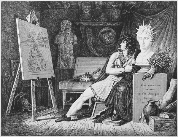 Figure 2.13 An etching depicting a young artist in a room filled with painterly tools and artworks of various material; clutching a bust, he leans away from his canvas and easel. Appears in grayscale.