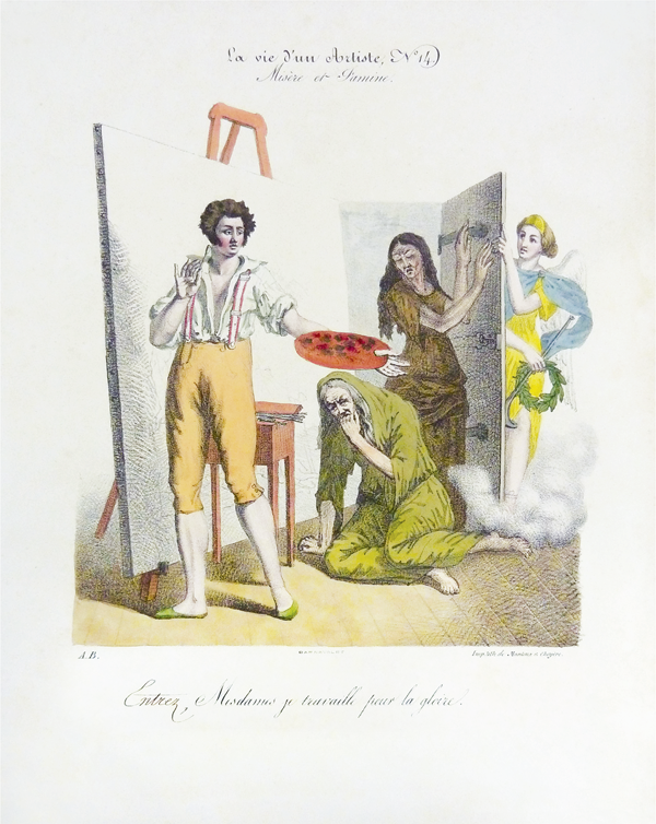 Figure 3.32 A hand-colored lithograph depicting a young artist, holding a paintbrush and palette, standing before a large canvas; an ethereal woman opens the artist’s studio door to let in a destitute man and woman, the symbolic figures of Misery and Famine.