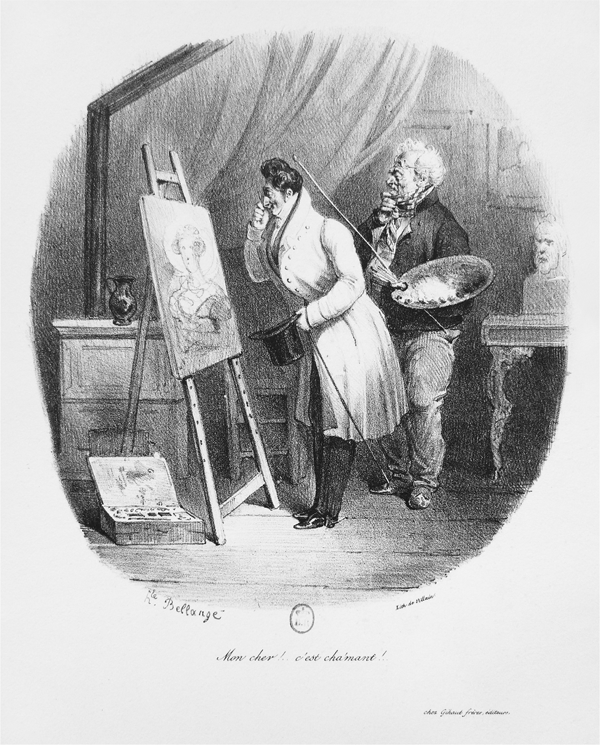 Figure 3.12 A lithograph depicting an older painter standing slightly behind a well-dressed younger man, a top hat and walking stick in his left hand, holding a magnifying glass to his right eye to inspect the painter’s canvas of a woman. Appears in grayscale.
