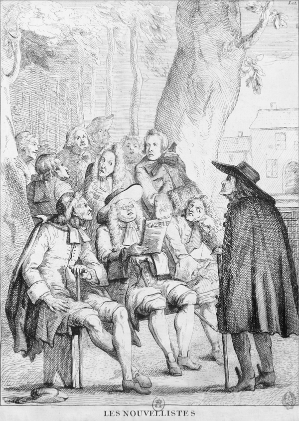 Figure 1.10 An etching depicting several well-dressed men beneath a tree; one man, seated on a bench in the center, reads aloud from The Gazette, while ten others sit and stand around him, straining to listen. Appears in grayscale.