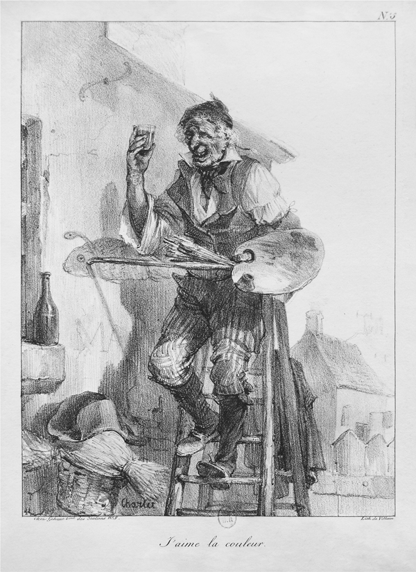 Figure 3.27 A lithograph depicting an older artist in loose-fitting clothing sitting atop a ladder outside a butcher shop, his painterly tools in his left hand, holding up a glass of wine in his right hand. Appears in grayscale.