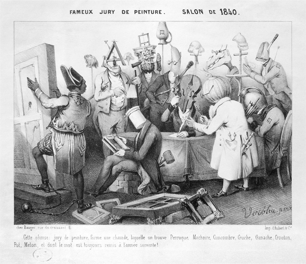 Figure 4.10 A lithograph depicting a group of men before numerous canvases and framed artworks against the wall, several of which are out-of-place in the gallery: one plays the violin, another looks through a telescope, and a third draws on the floor with a geometry compass. Appears in grayscale.